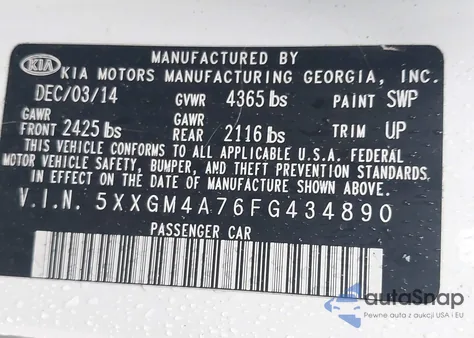 2015 Kia Optima Lx z USA, uszkodzony, nr VIN 5XXGM4A76FG434890